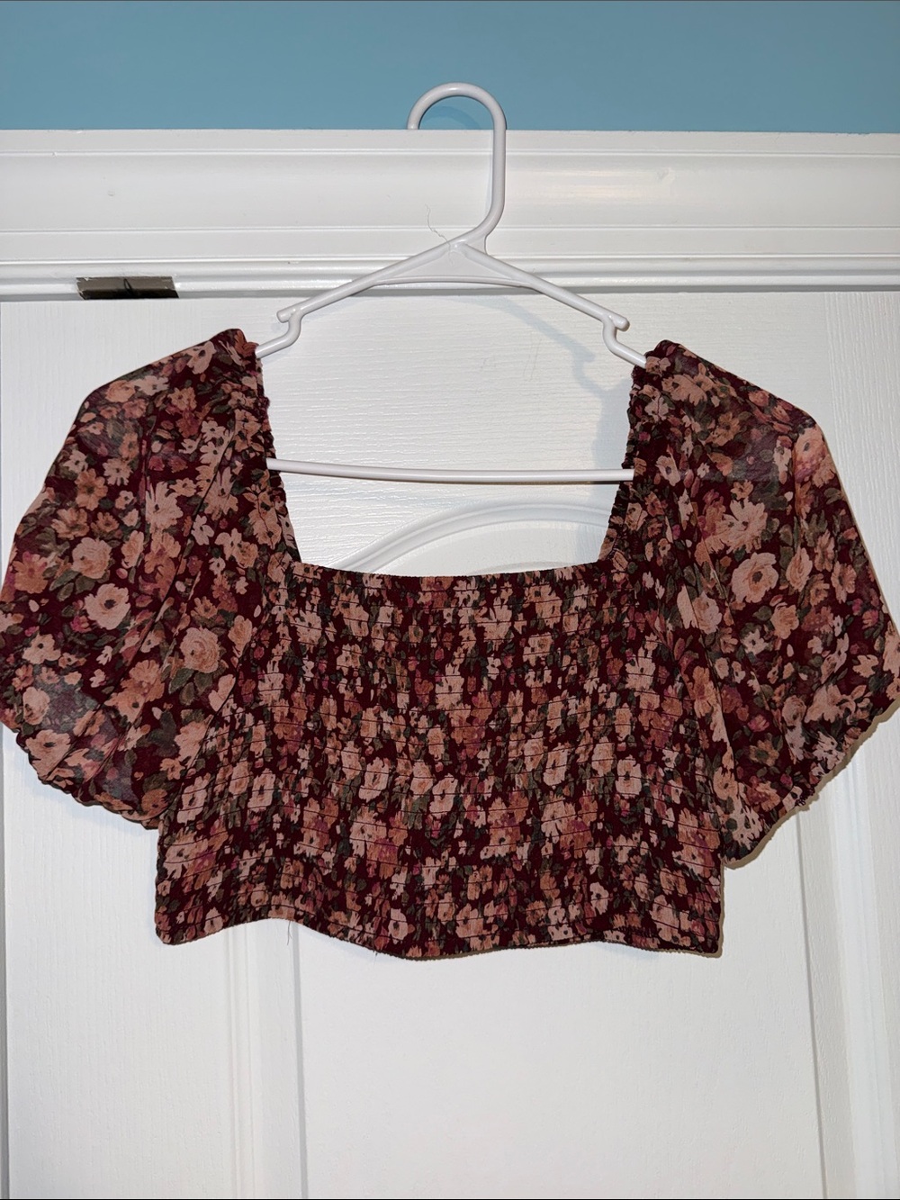 Altar'd State Burgundy Floral Smocked Puff-Sleeve Crop Top